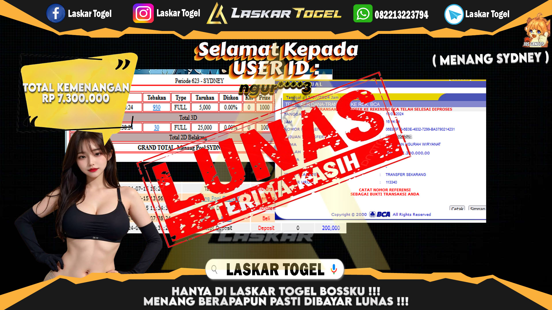 LASKARTOGEL JACKPOT  TOGEL SYDNEY Rp.7.300.000.,- LUNAS