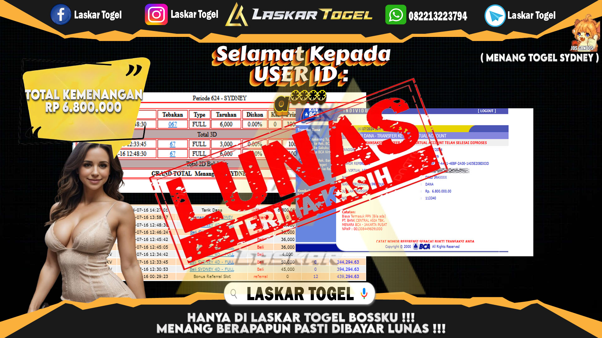 LASKARTOGEL JACKPOT  TOGEL SYDNEY Rp.6.800.000.,- LUNAS
