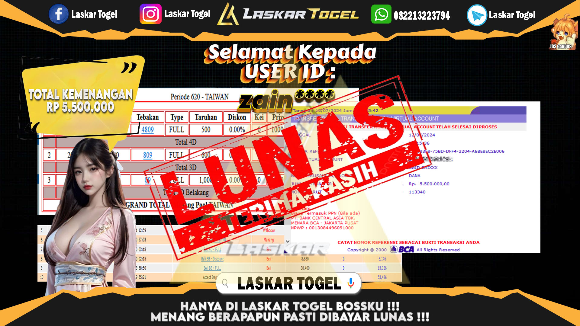 LASKARTOGEL JACKPOT  TOGEL TAIWAN Rp.5.500.000.,- LUNAS