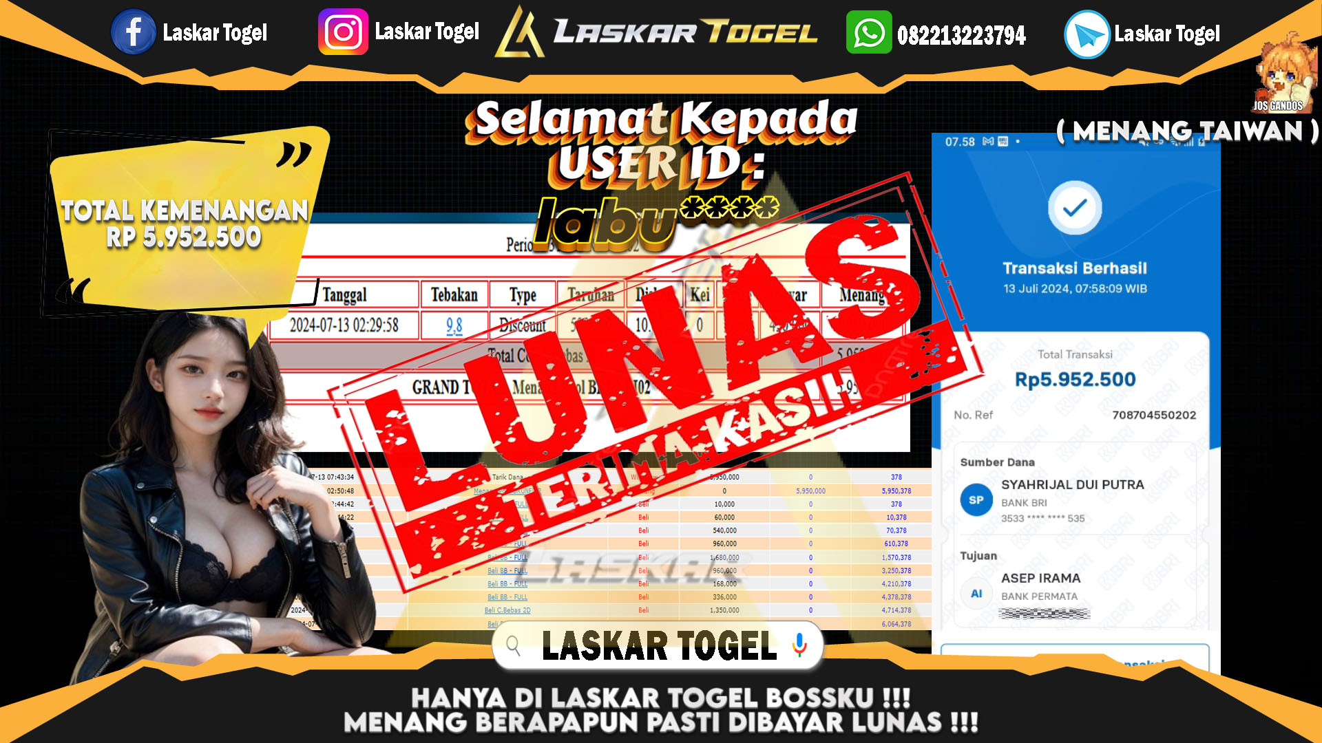 LASKARTOGEL JACKPOT  TOGEL TAIWAN Rp.5.952.000.,- LUNAS