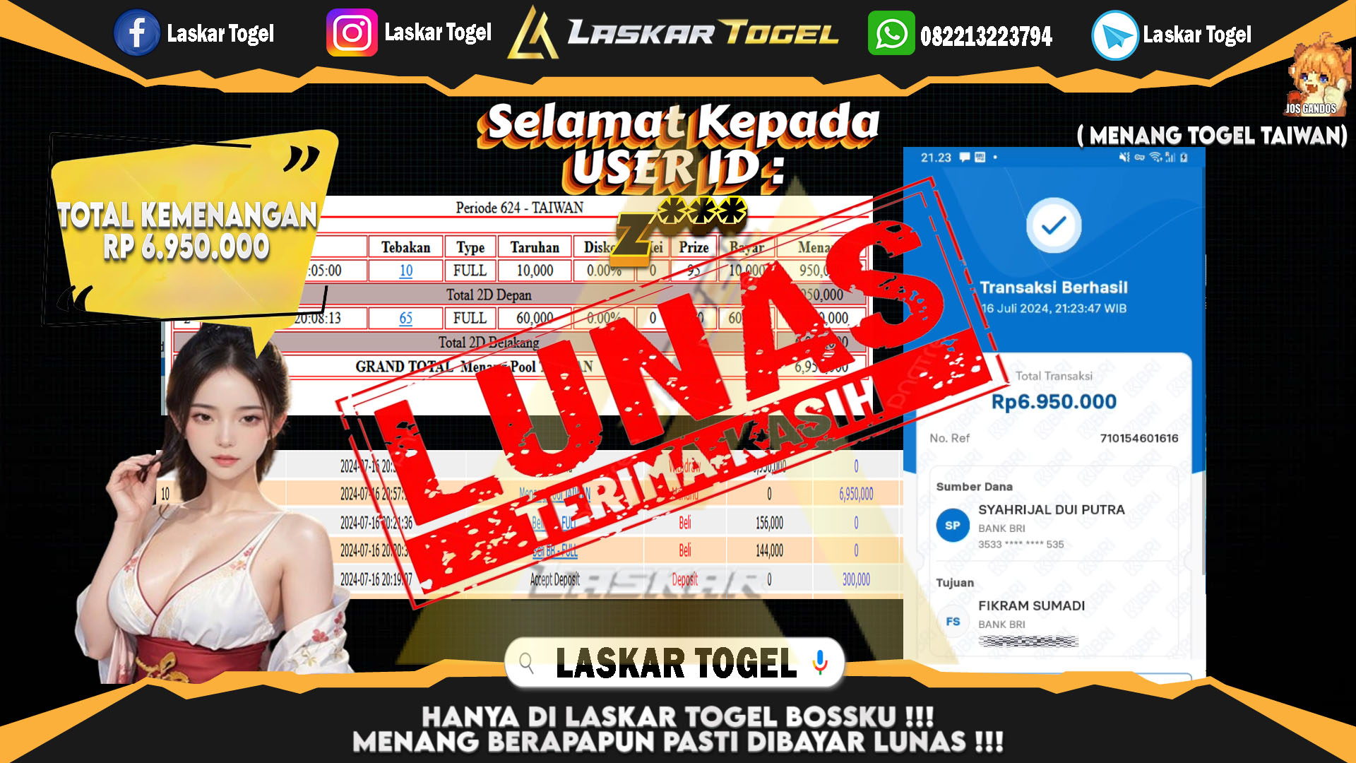 LASKARTOGEL JACKPOT  TOGEL TAIWAN Rp.6.950.000.,- LUNAS
