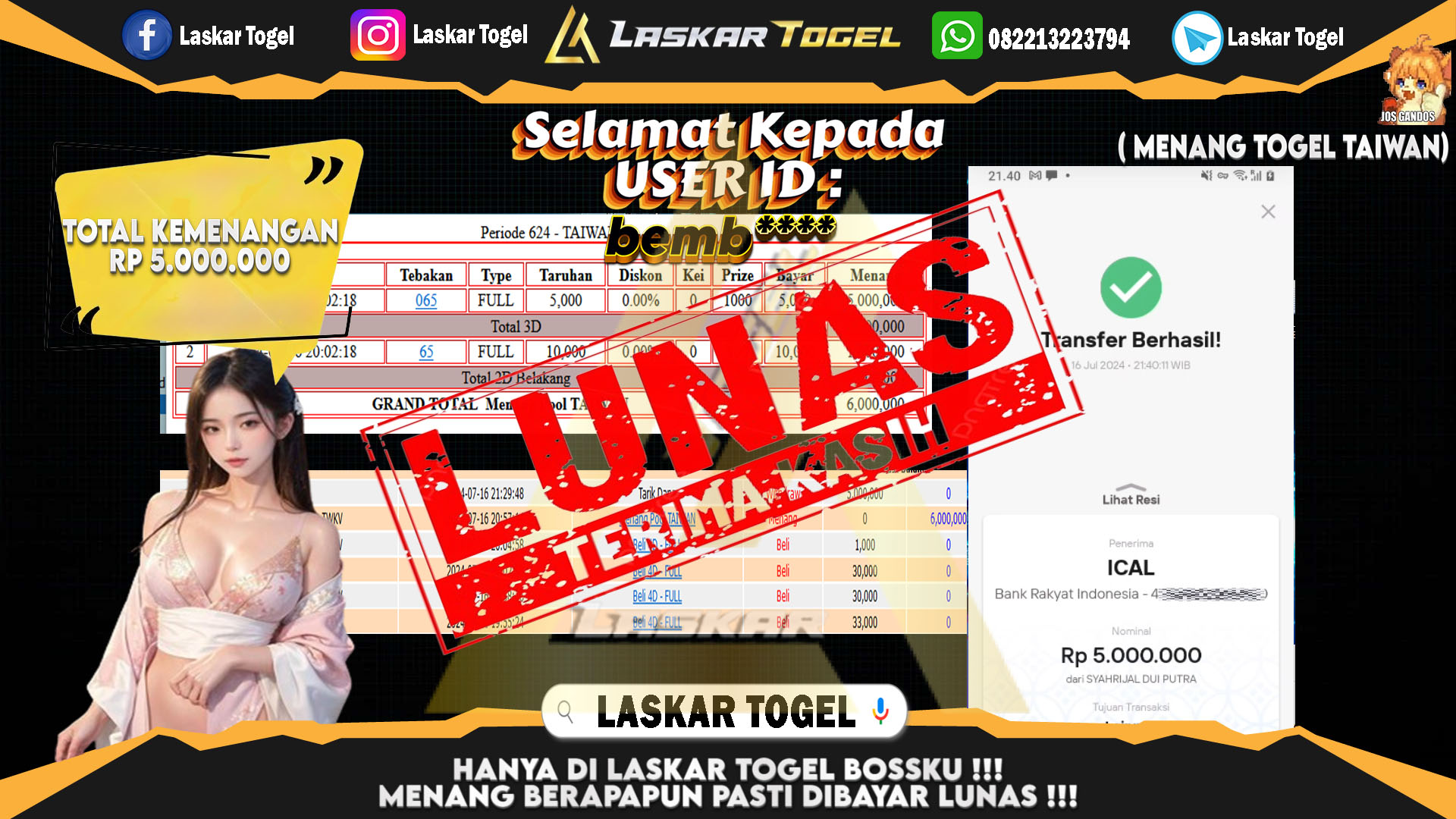 LASKARTOGEL JACKPOT  TOGEL TAIWAN Rp.5.000.000.,- LUNAS