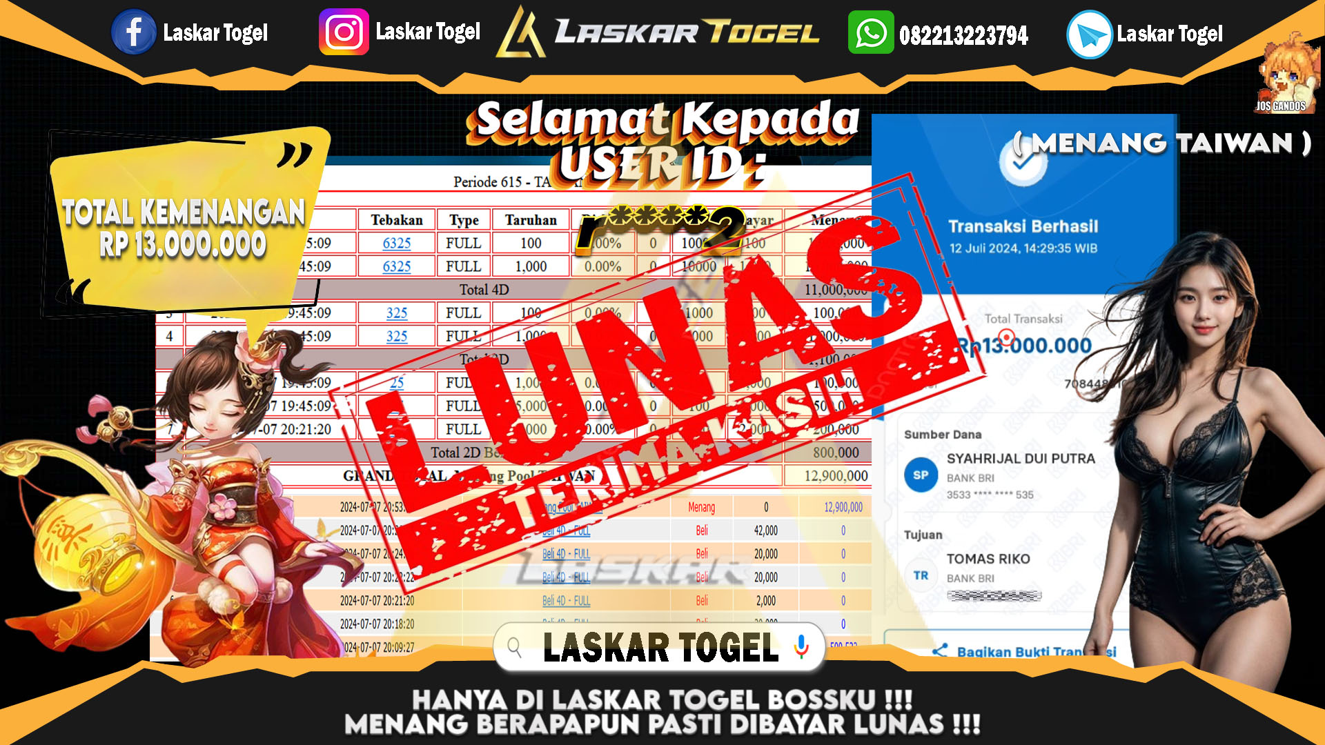 LASKARTOGEL JACKPOT  TOGEL TAIWAN Rp.13.000.000.,- LUNAS