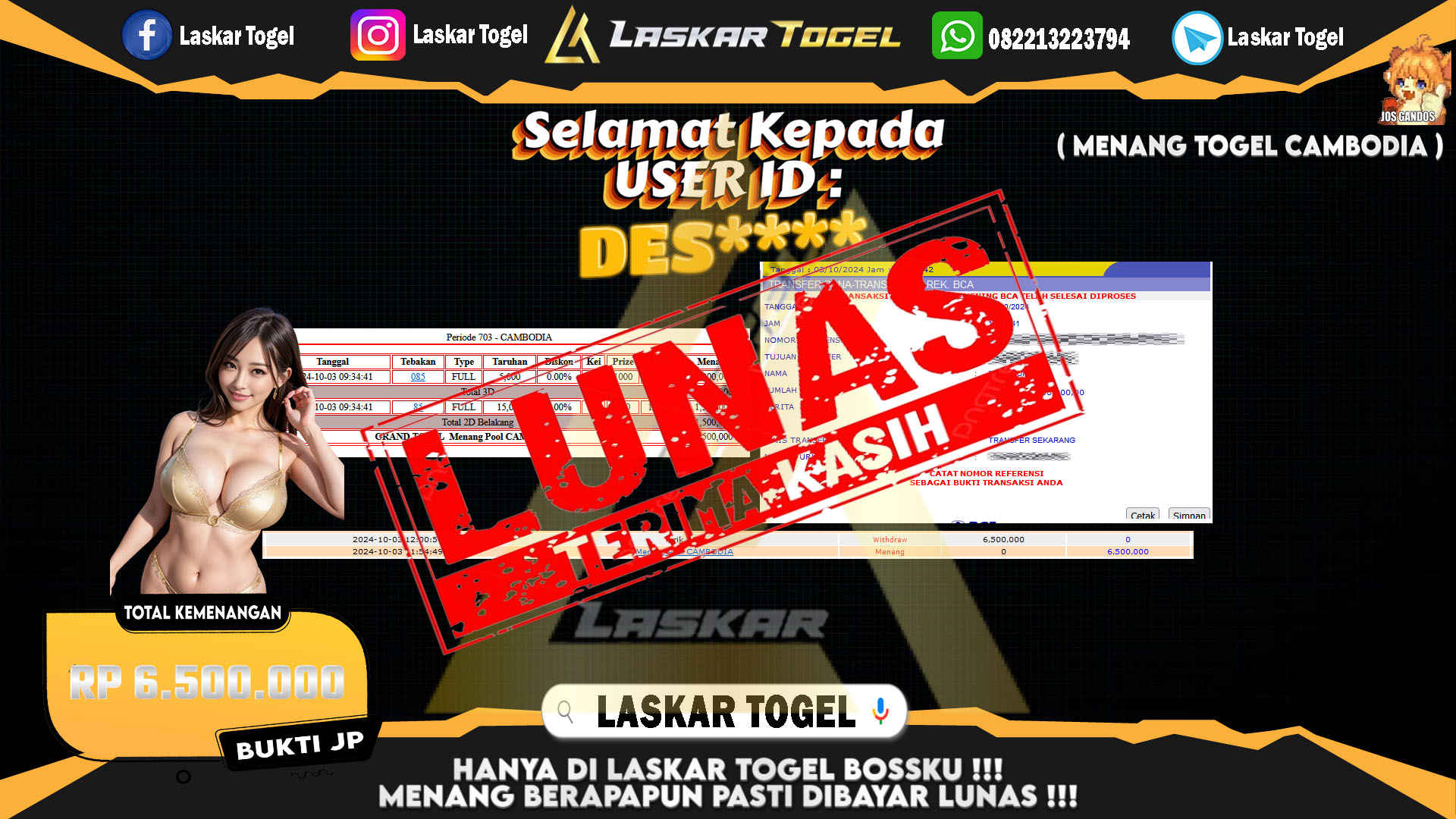 LASKARTOGEL JACKPOT TOGEL CAMBODIA Rp.6.500.000.,- LUNAS