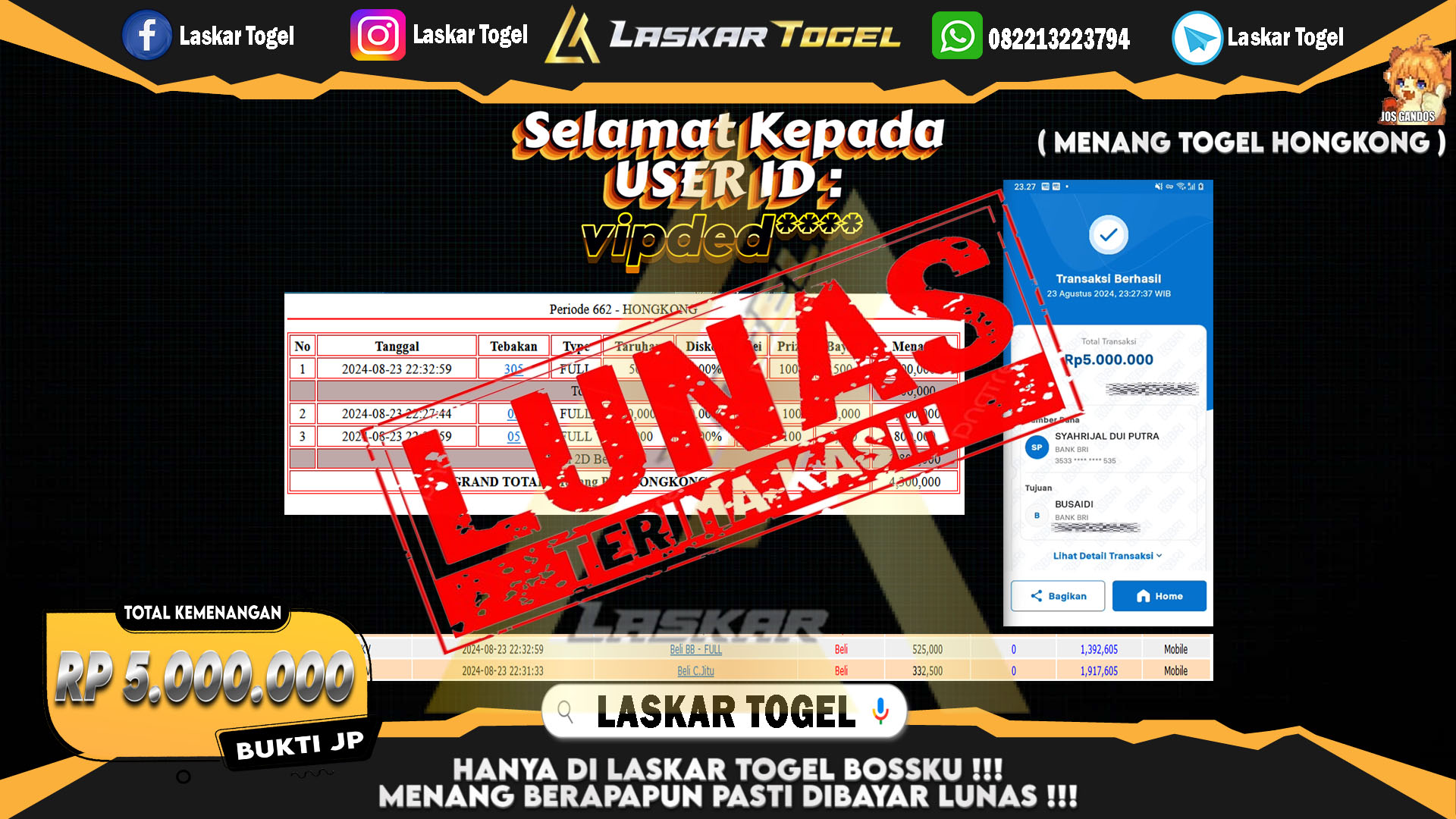 LASKARTOGEL JACKPOT TOGEL TOTO MACAU Rp.5.000.000.,- LUNAS