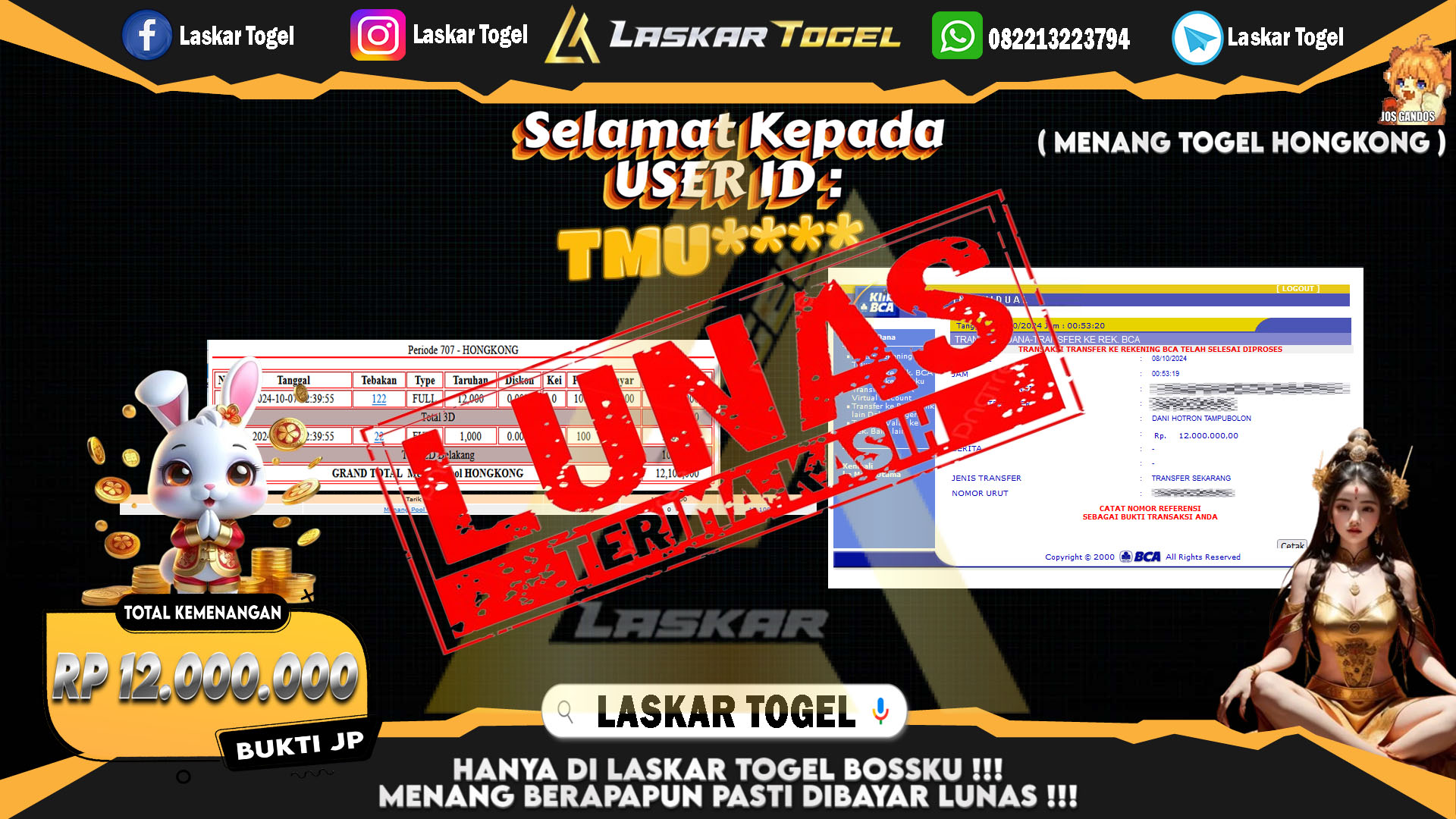 LASKARTOGEL JACKPOT TOGEL HONGKONG Rp.12.000.000.,- LUNAS