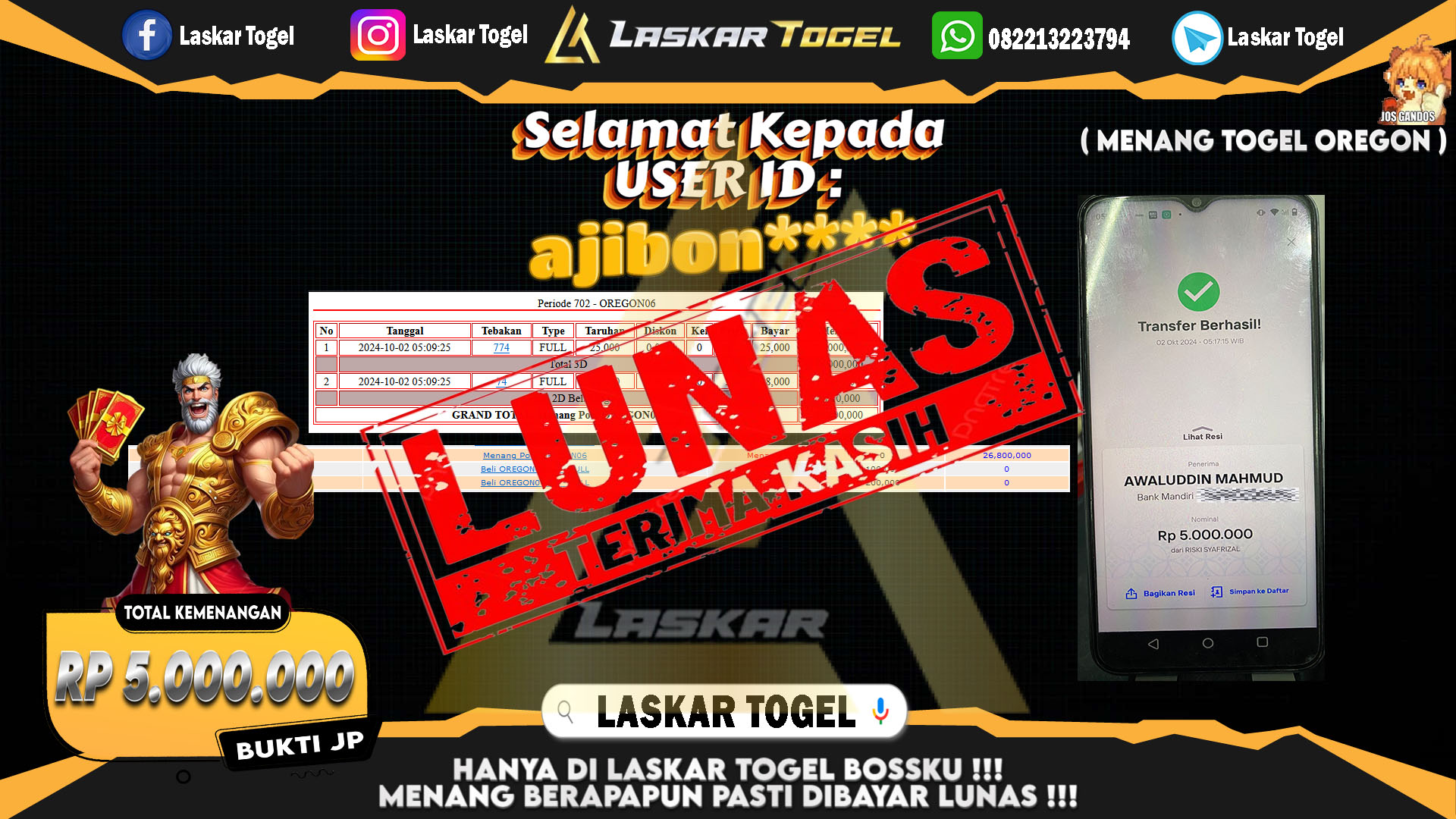 LASKARTOGEL JACKPOT TOGEL OREGON Rp.5.000.000.,- LUNAS