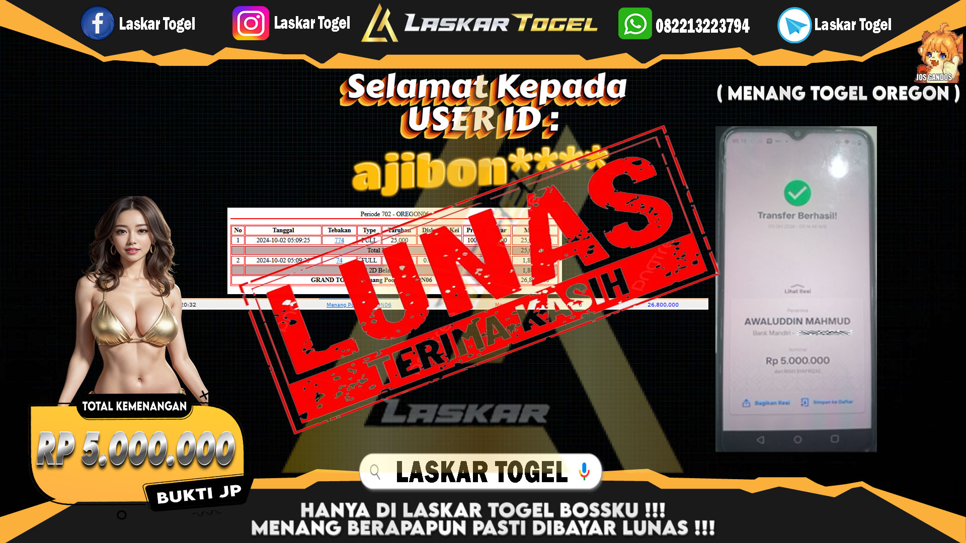LASKARTOGEL JACKPOT TOGEL OREGON Rp.5.000.000.,- LUNAS