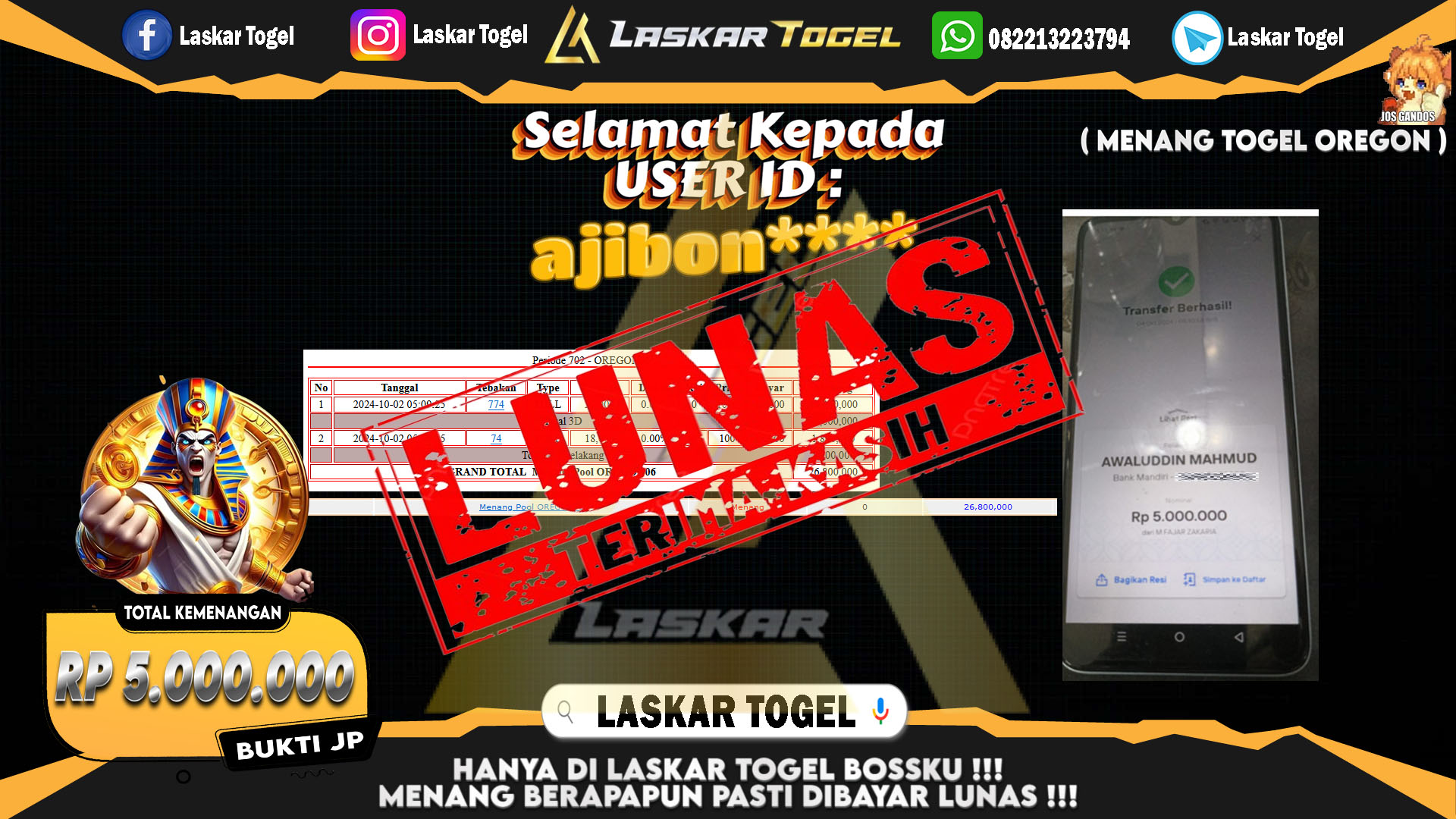 LASKARTOGEL JACKPOT TOGEL OREGON Rp.5.000.000.,- LUNAS