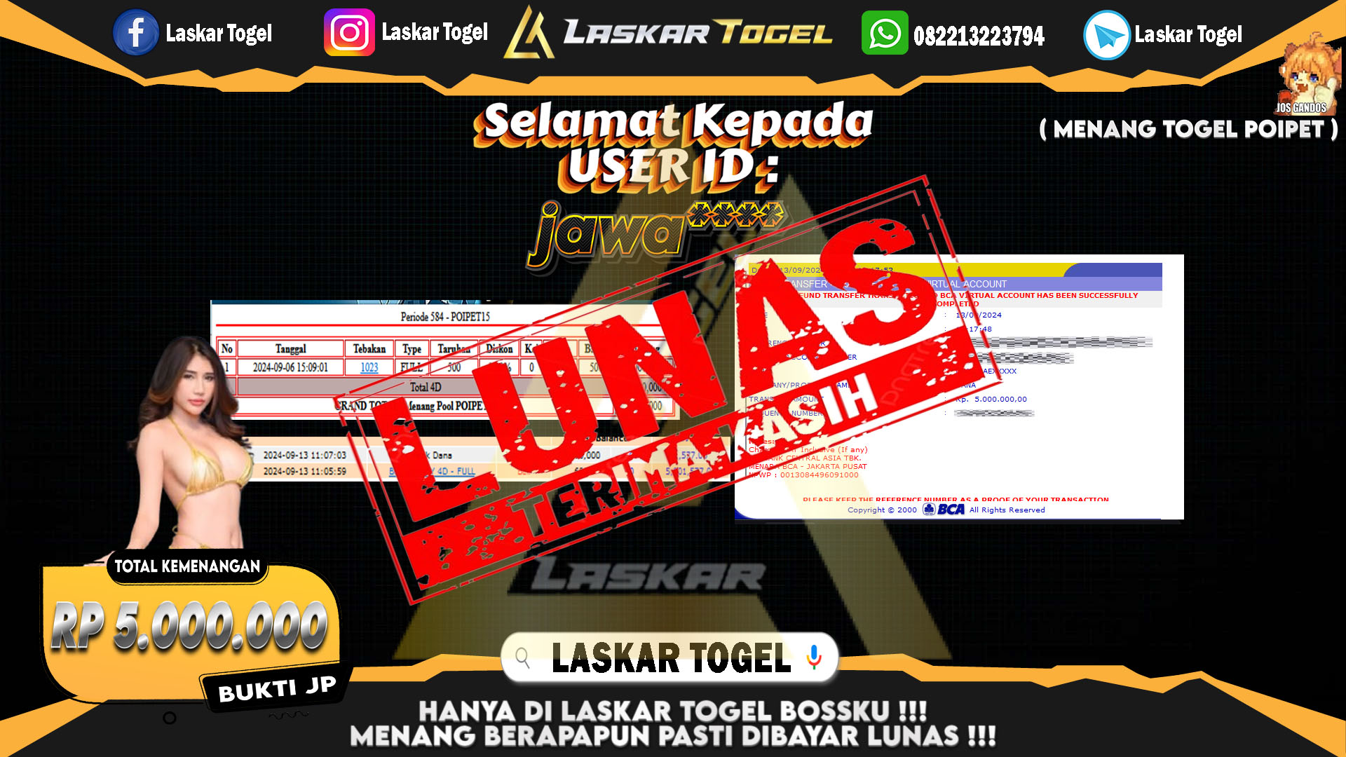 LASKARTOGEL JACKPOT TOGEL TOTO MACAU Rp.5.000.000.,- LUNAS