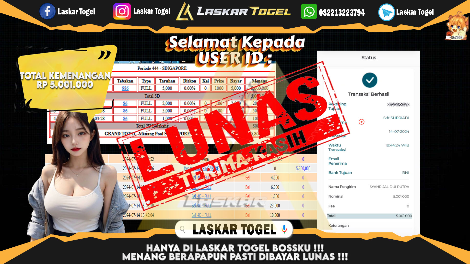 LASKARTOGEL JACKPOT  TOGEL SINGAPORE Rp.5.001.000.,- LUNAS