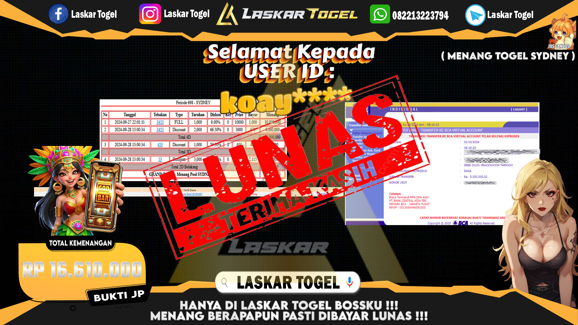 LASKARTOGEL JACKPOT TOGEL SYDNEY Rp.16.610.000.,- LUNAS