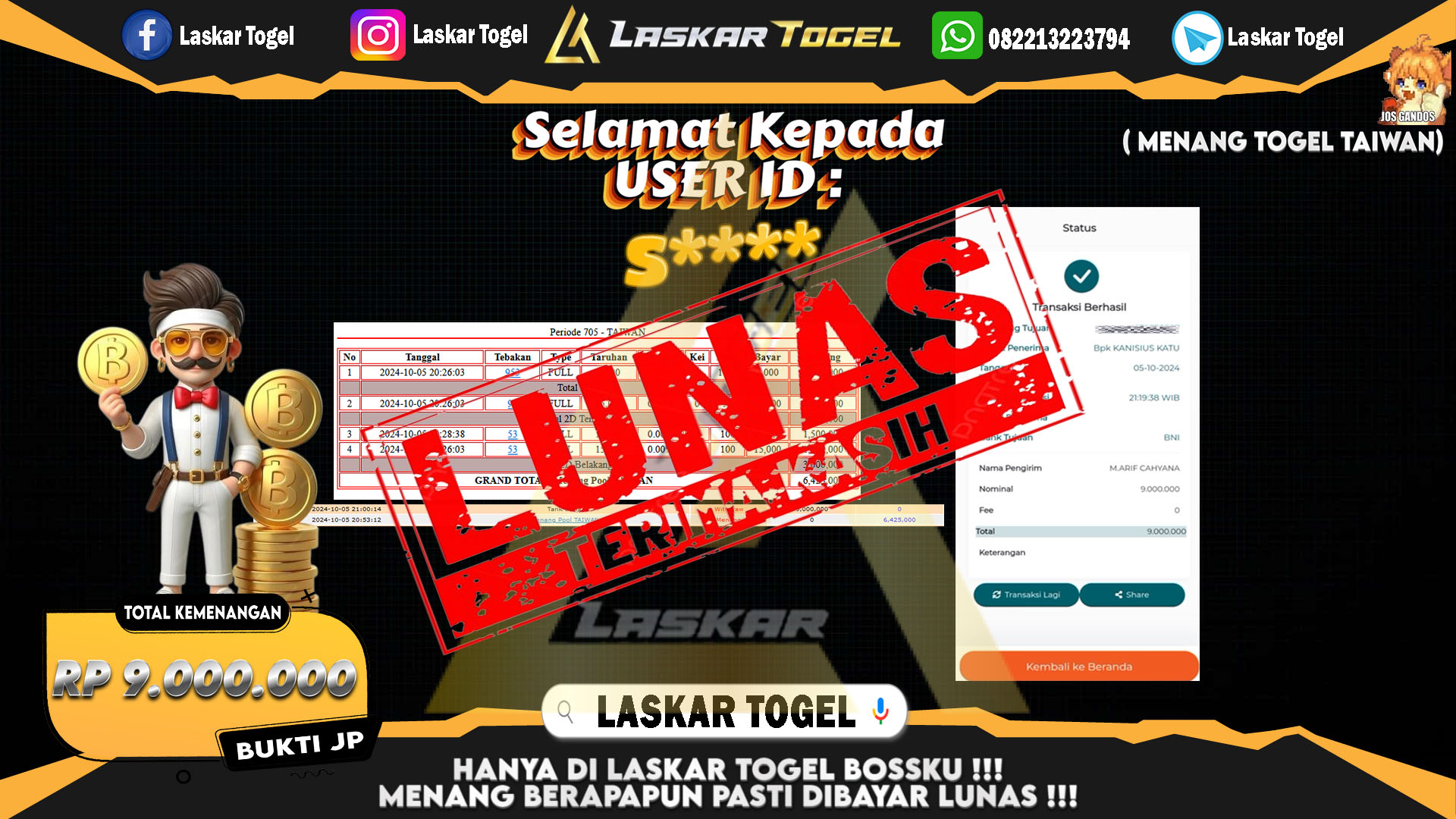 LASKARTOGEL JACKPOT TOGEL TAIWAN Rp.9.000.000.,- LUNAS