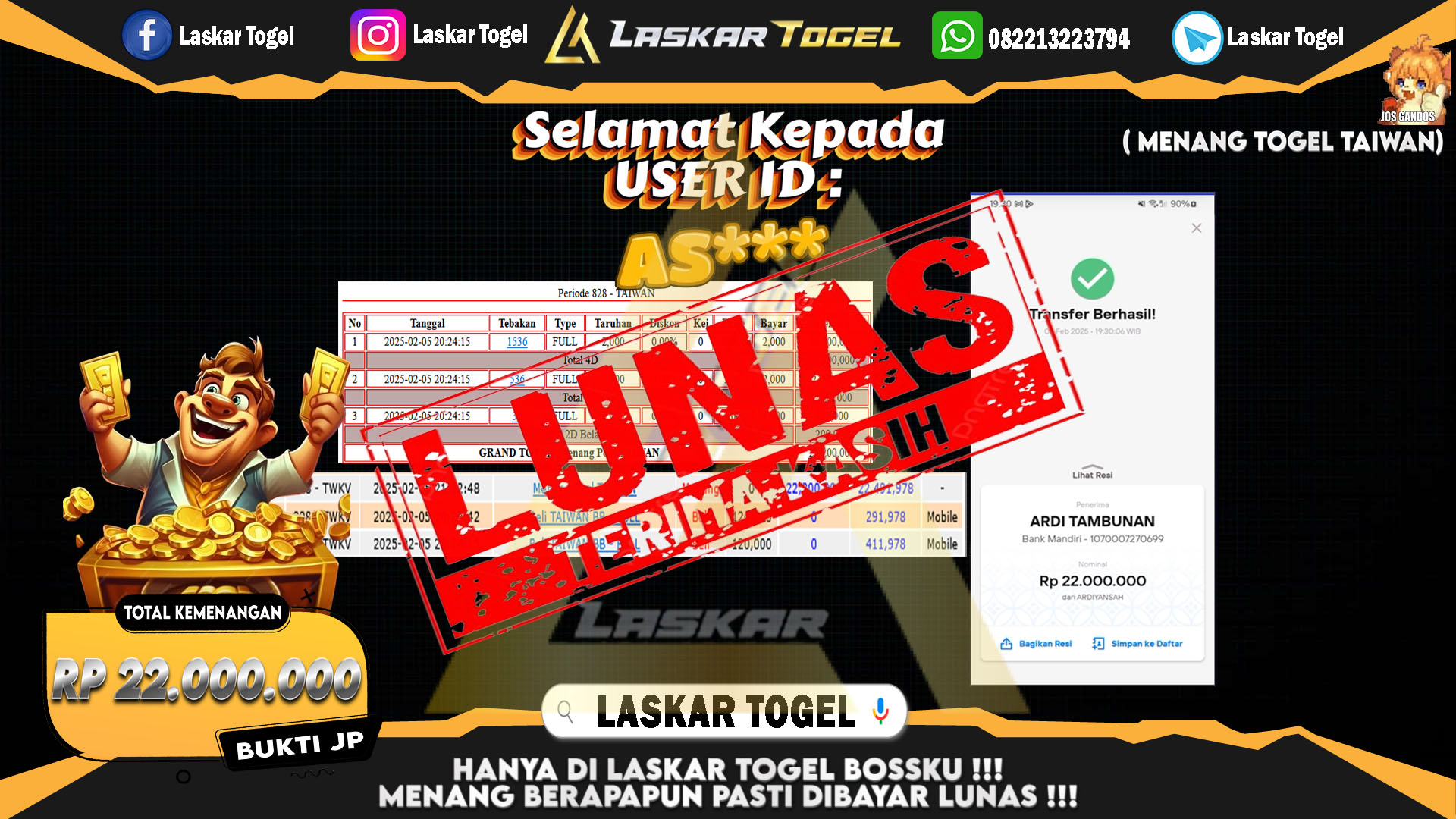 LASKARTOGEL JACKPOT TOGEL TAIWAN Rp.22.000.000.,- LUNAS
