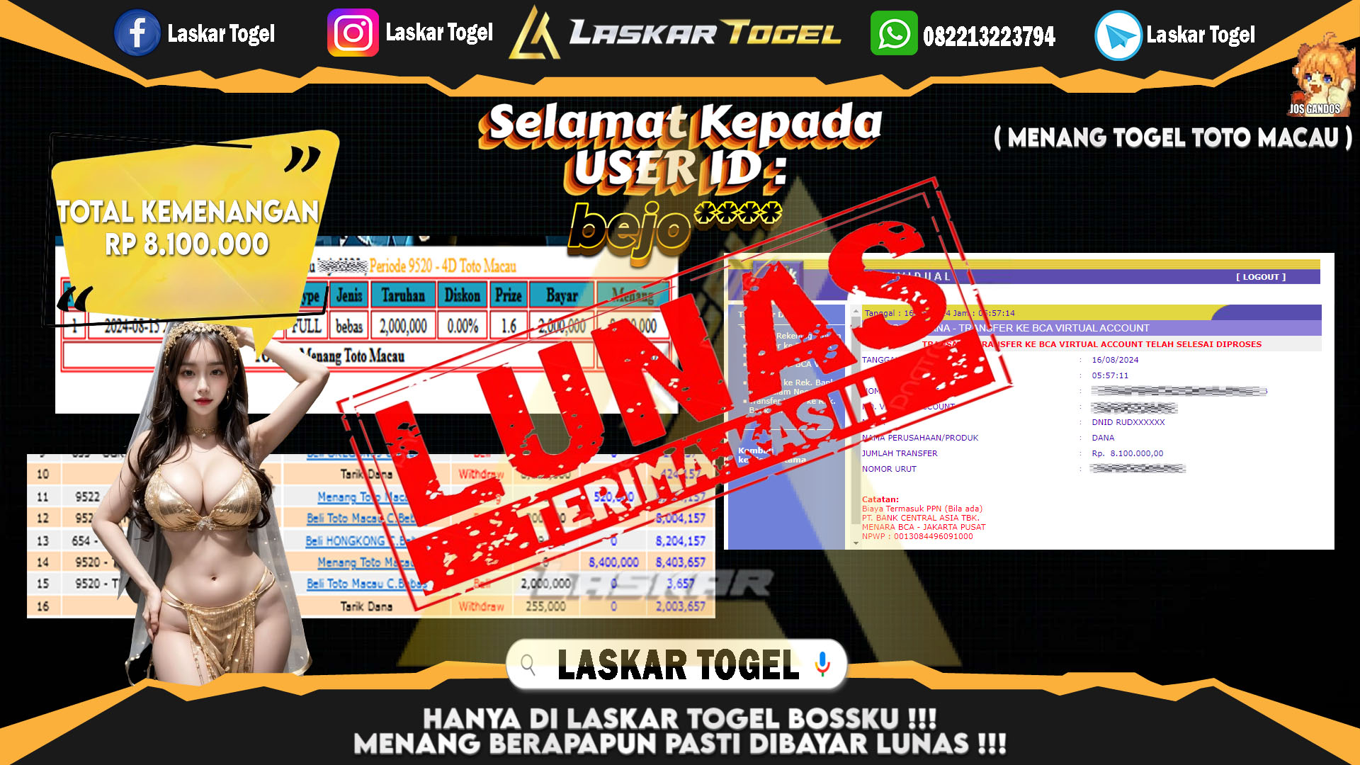 LASKARTOGEL JACKPOT TOGEL TOTO MACAU Rp.5.000.000.,- LUNAS