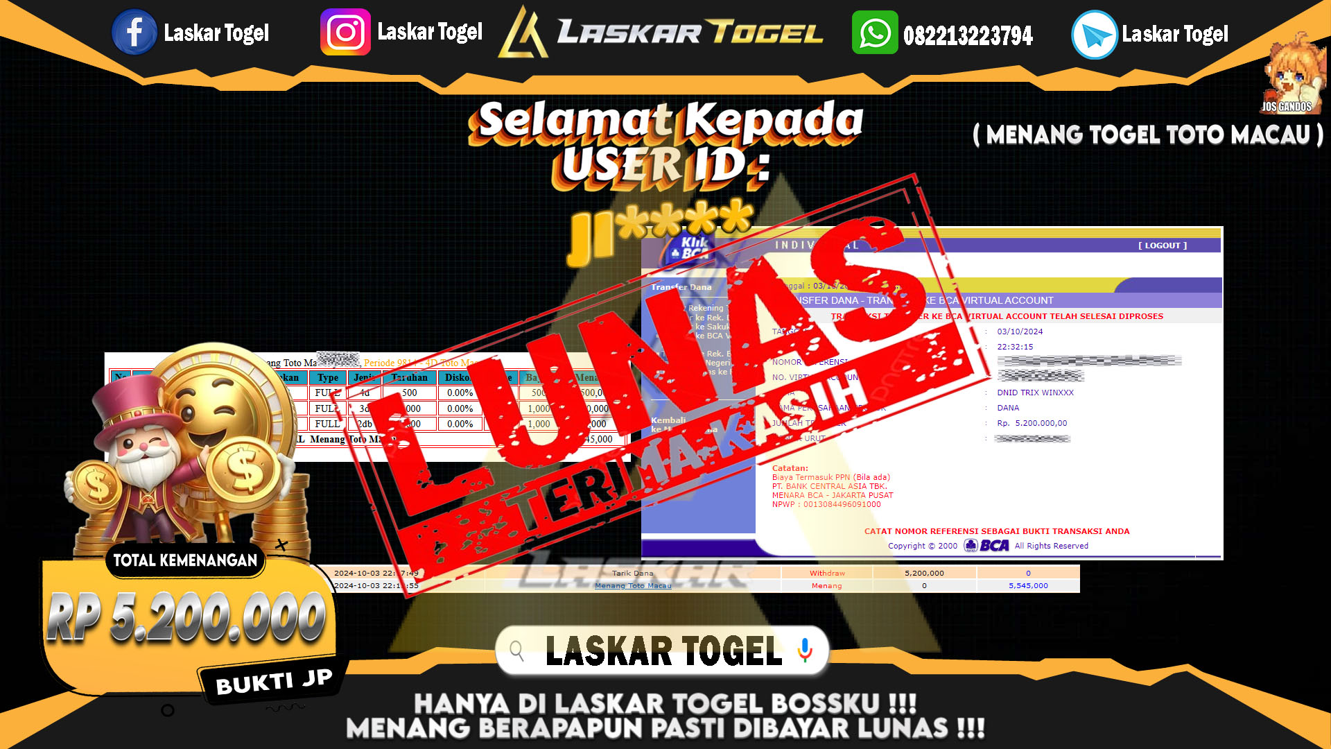 LASKARTOGEL JACKPOT TOGEL TOTO MACAU Rp.5.200.000.,- LUNAS