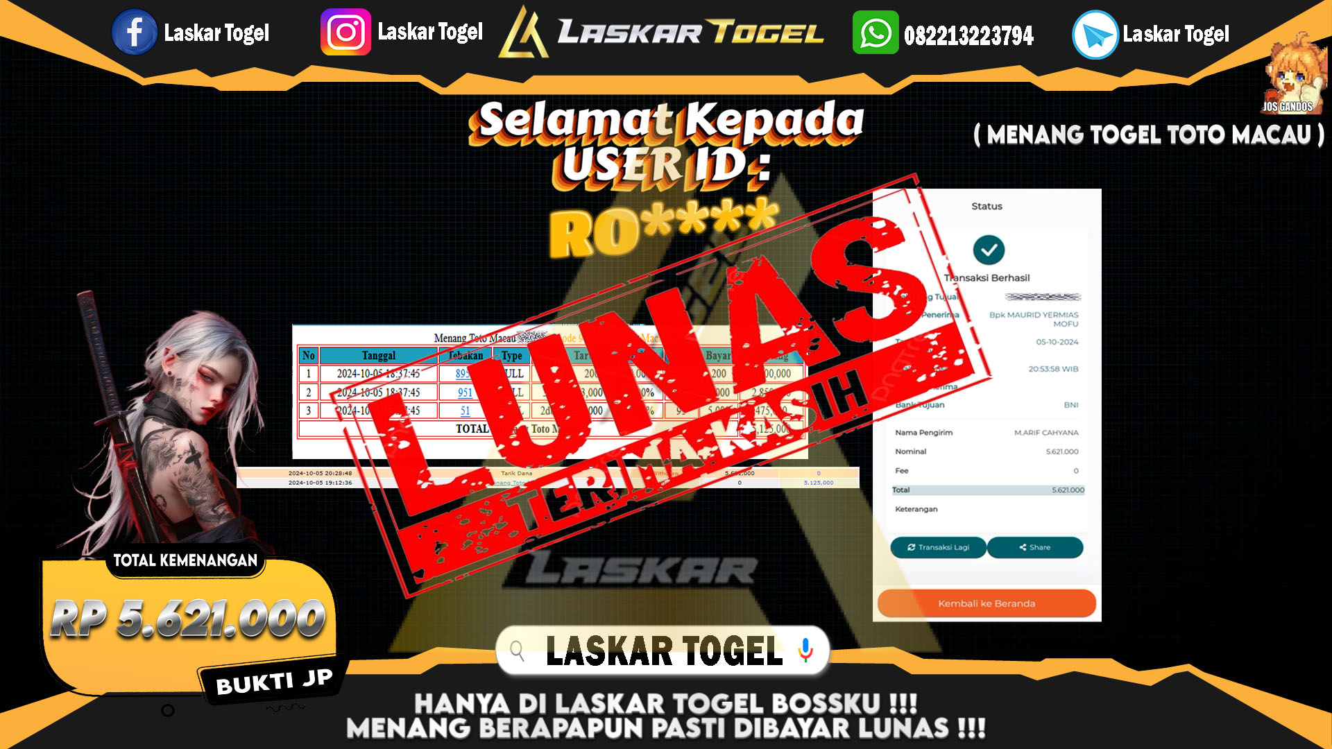 LASKARTOGEL JACKPOT TOGEL TOTO MACAU Rp.5.621.000.,- LUNAS