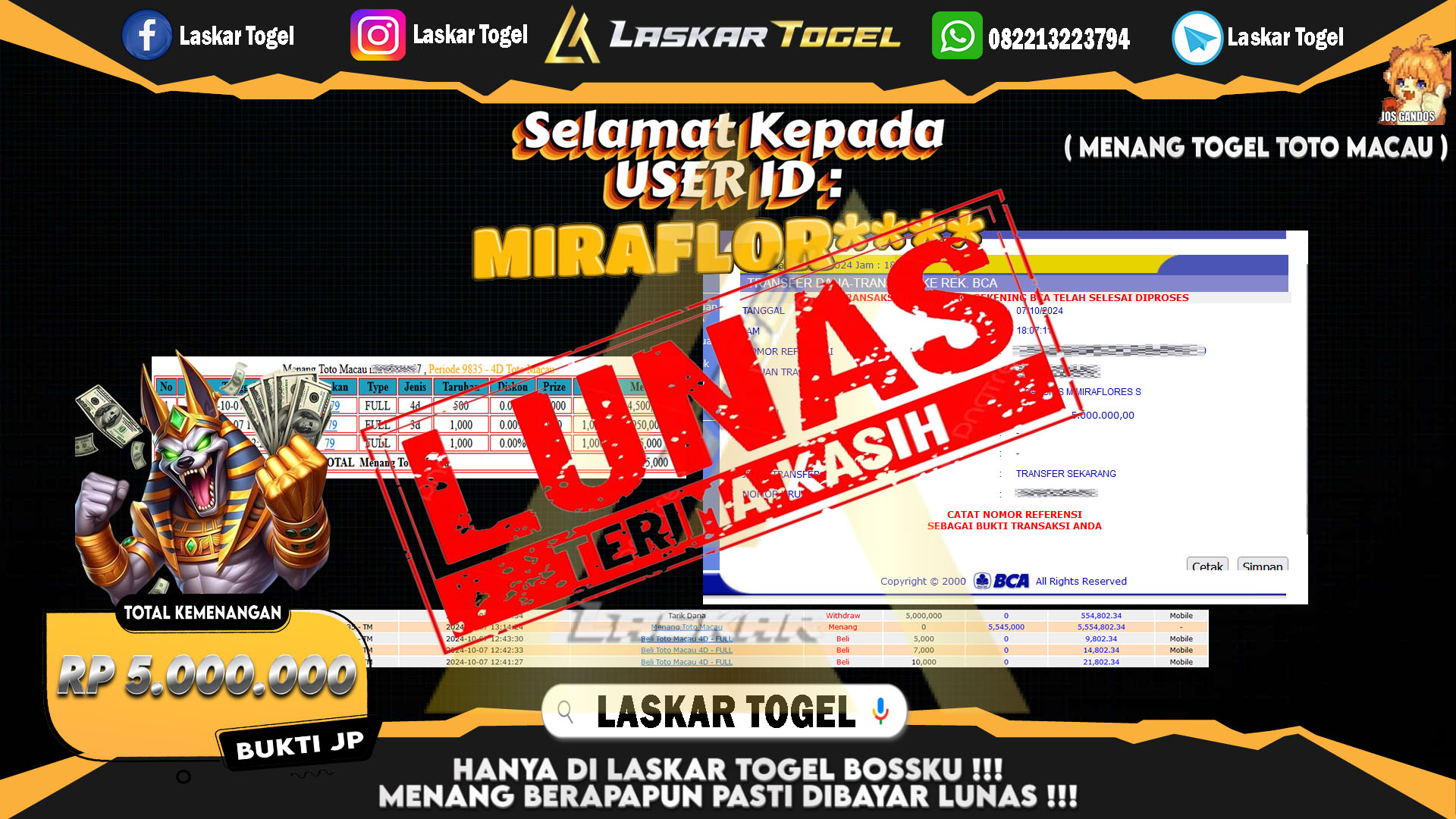 LASKARTOGEL JACKPOT TOGEL TOTO MACAU Rp.5.000.000.,- LUNAS