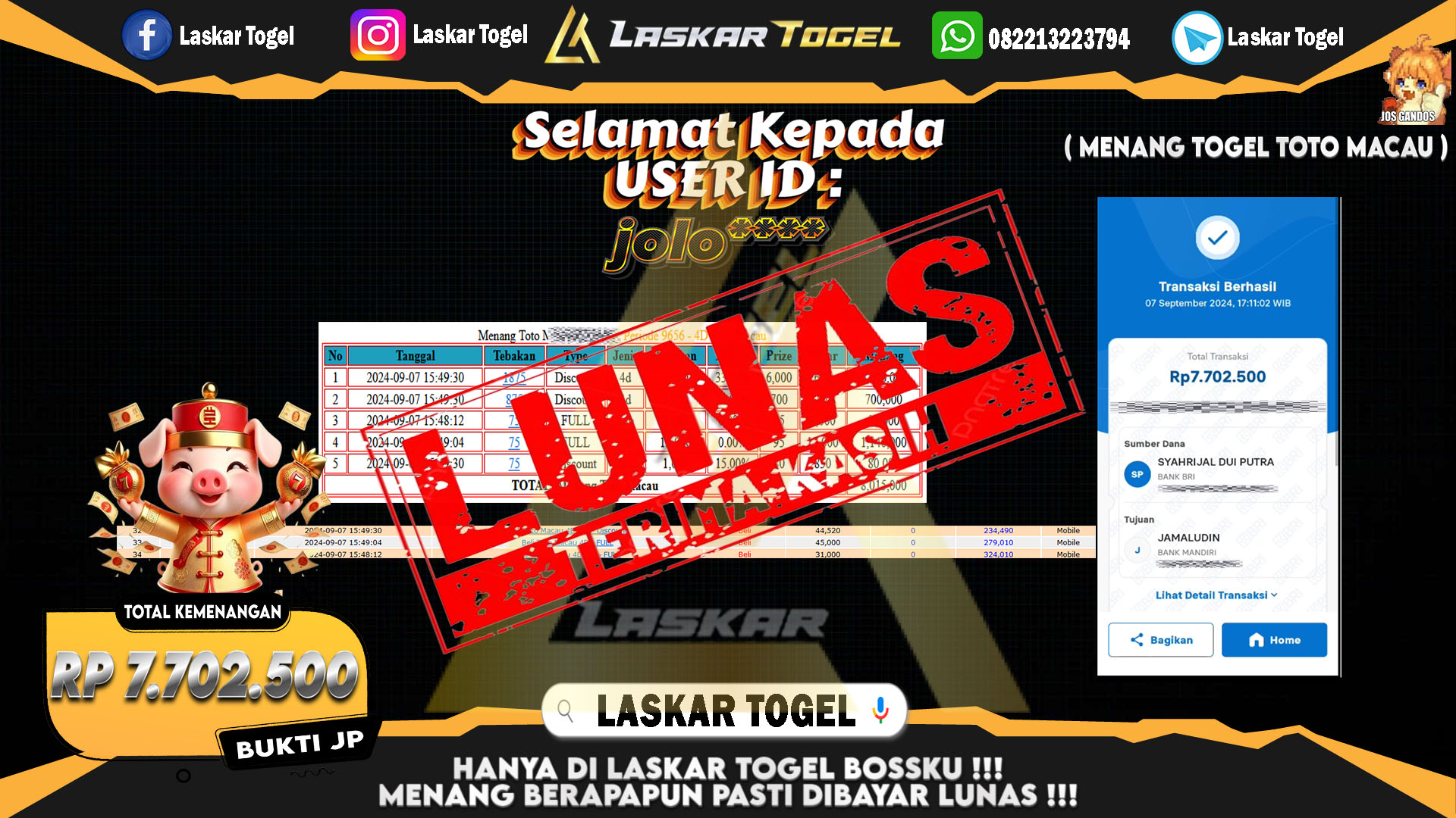 LASKARTOGEL JACKPOT TOGEL TOTO MACAU Rp.5.000.000.,- LUNAS