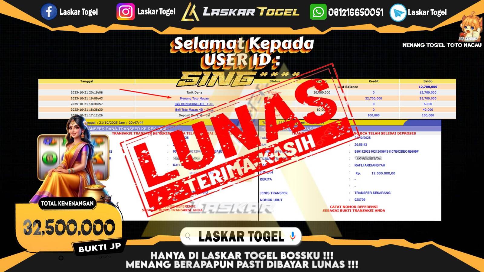 LASKARTOGEL JACKPOT TOGEL TOTOMACAU Rp.32.500.000,- LUNAS