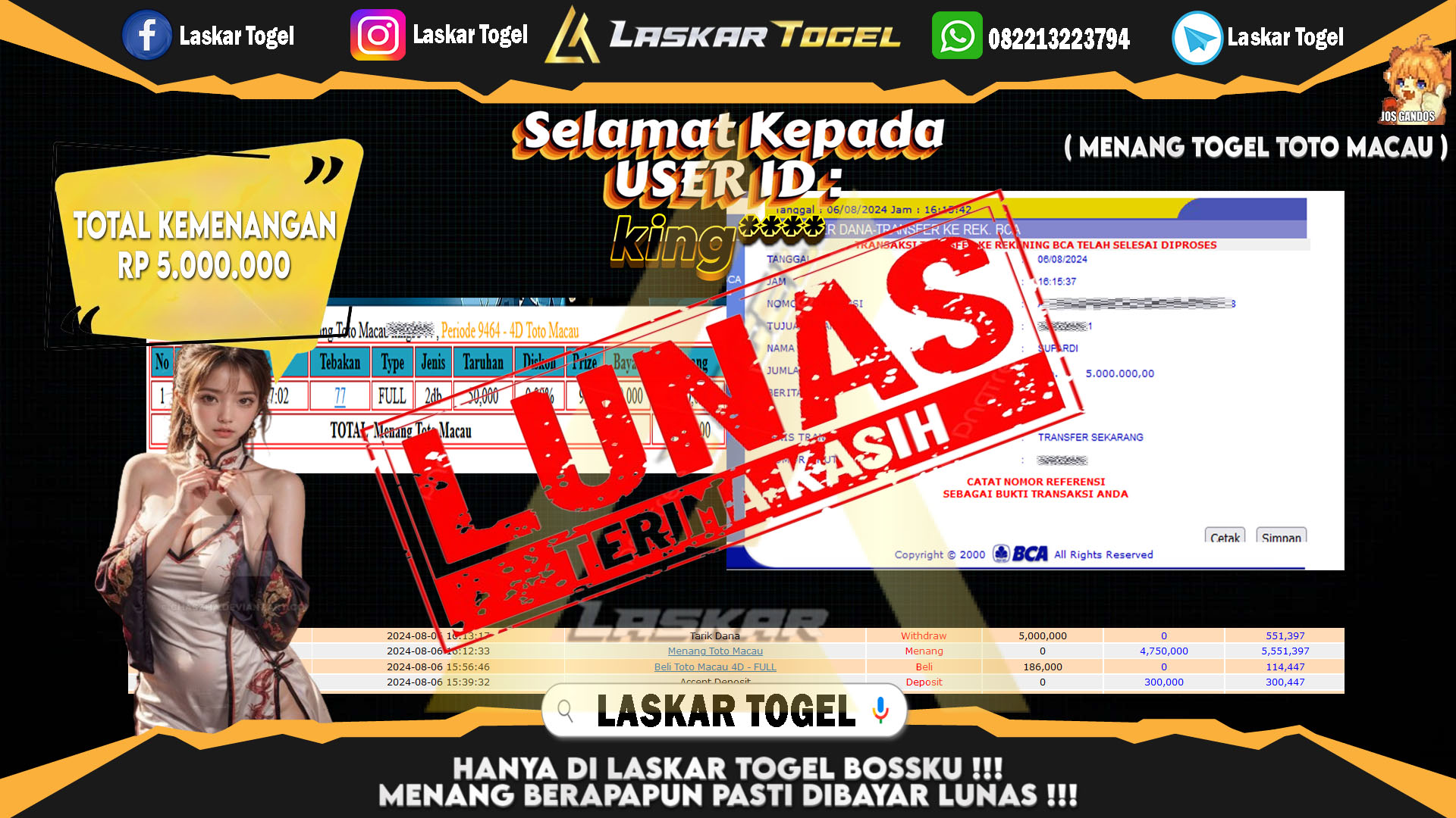LASKARTOGEL JACKPOT TOGEL TOTO MACAU Rp.5.000.000.,- LUNAS