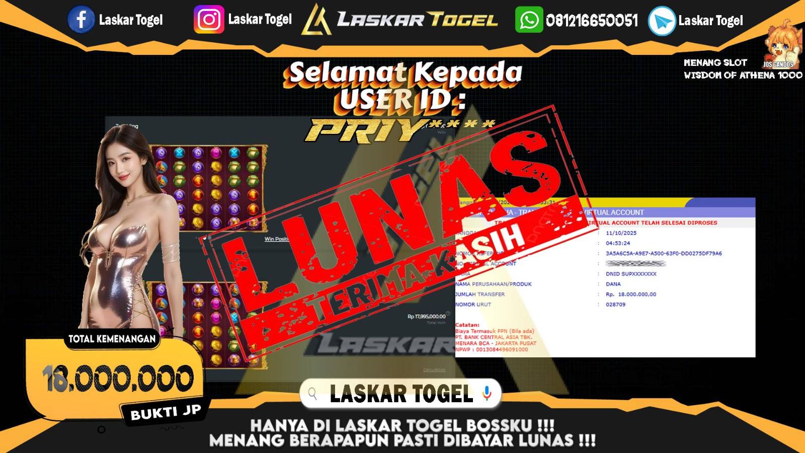 LASKARTOGEL JACKPOT SLOT WISDOM OF ATHENA 1000 Rp.18.000.000,- LUNAS