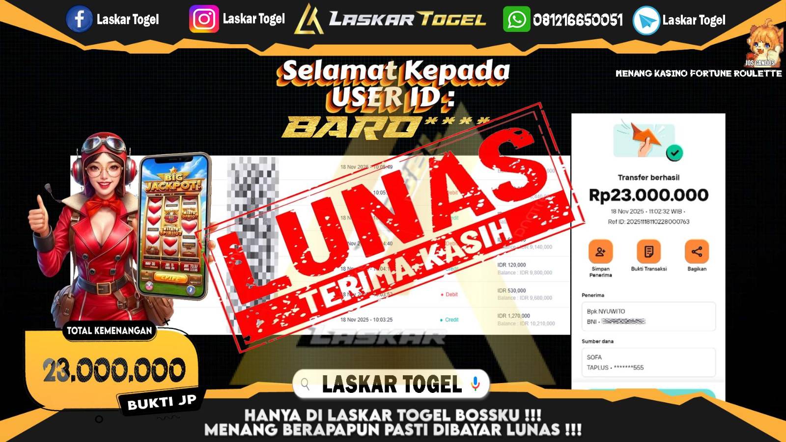 LASKARTOGEL JACKPOT CASINO FORTUNE ROULETTE Rp.23.000.000,- LUNAS